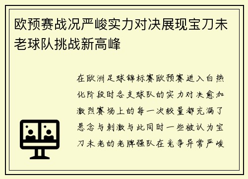 欧预赛战况严峻实力对决展现宝刀未老球队挑战新高峰