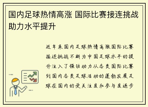 国内足球热情高涨 国际比赛接连挑战助力水平提升