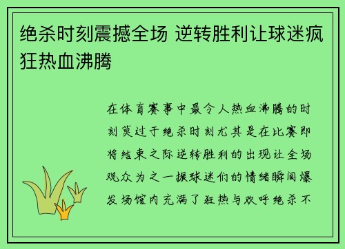 绝杀时刻震撼全场 逆转胜利让球迷疯狂热血沸腾